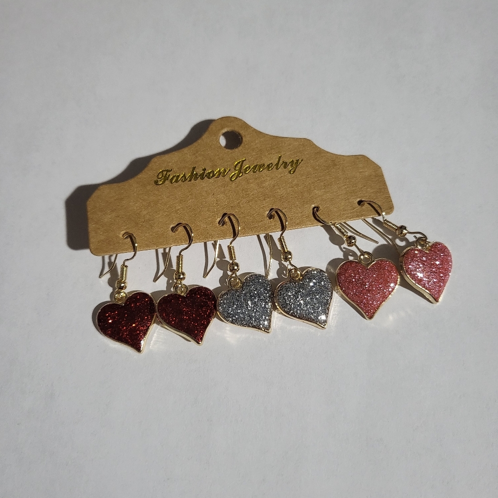 3 pairs set colorful bling bling dangle heart earrings
